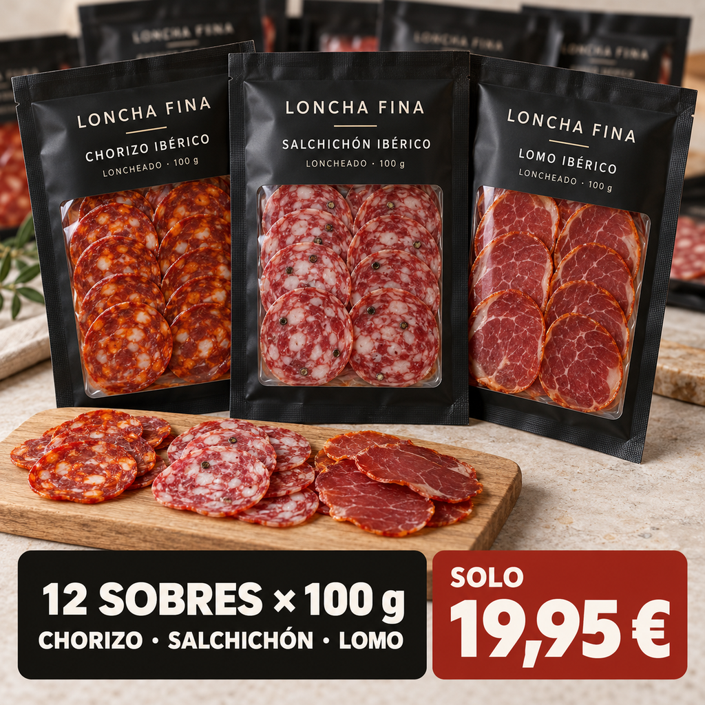 LonchaFina - Pack 12 Sobres de Embutidos Ibéricos · Chorizo, Salchichón y Lomo · 1,2 kg