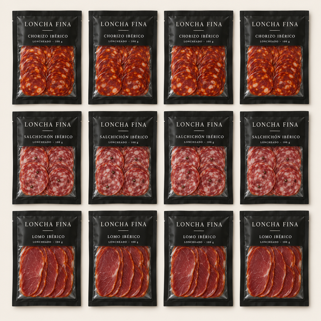 LonchaFina - Pack 12 Sobres de Embutidos Ibéricos · Chorizo, Salchichón y Lomo · 1,2 kg