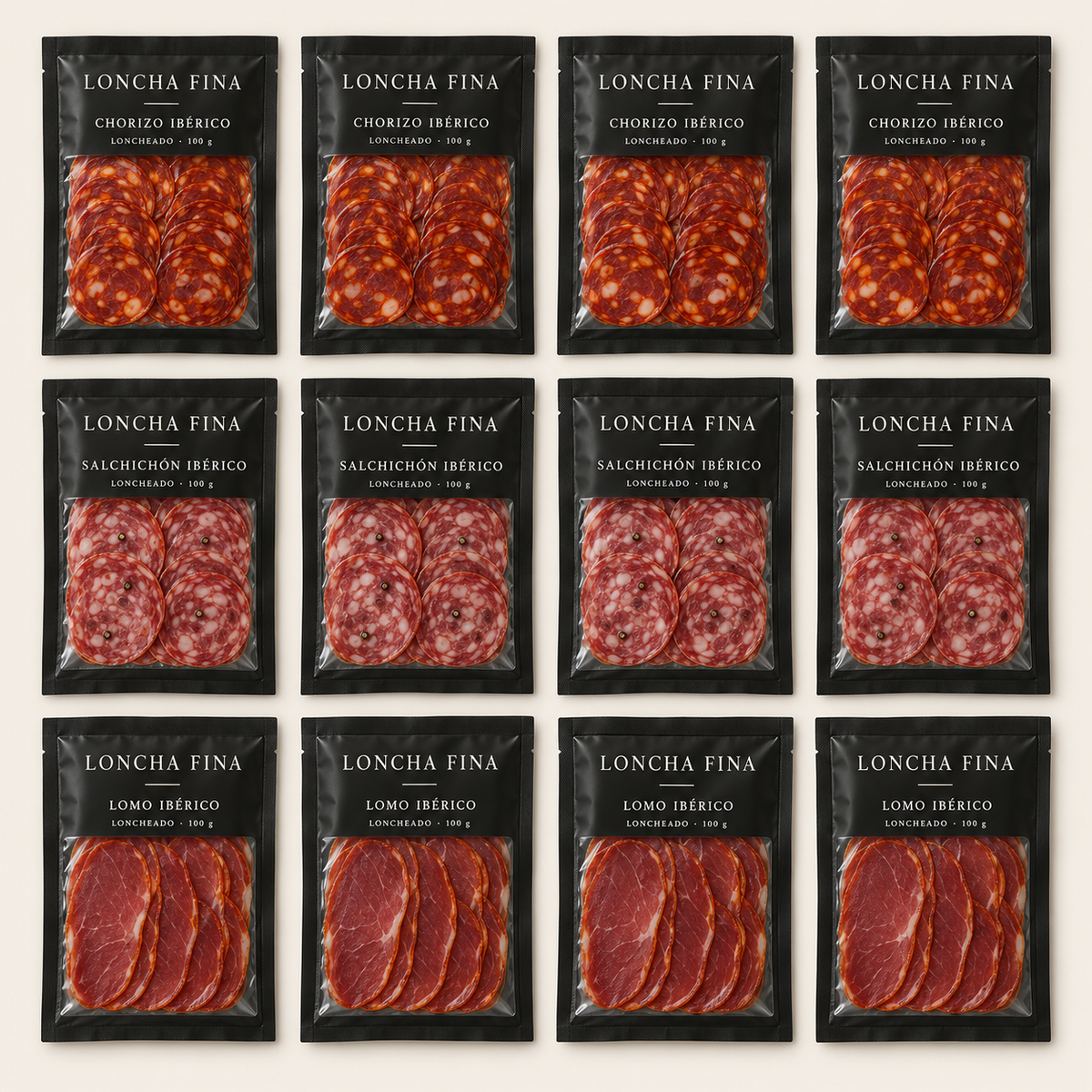 LonchaFina - Pack 12 Sobres de Embutidos Ibéricos · Chorizo, Salchichón y Lomo · 1,2 kg
