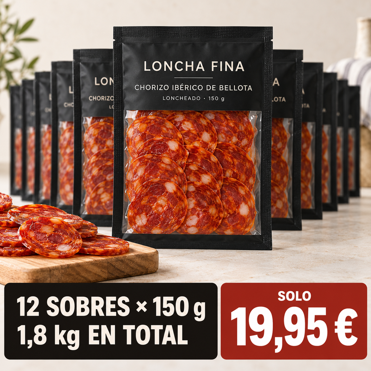 LonchaFina - Pack 12 Sobres de Chorizo Ibérico de Bellota · 1,8 kg