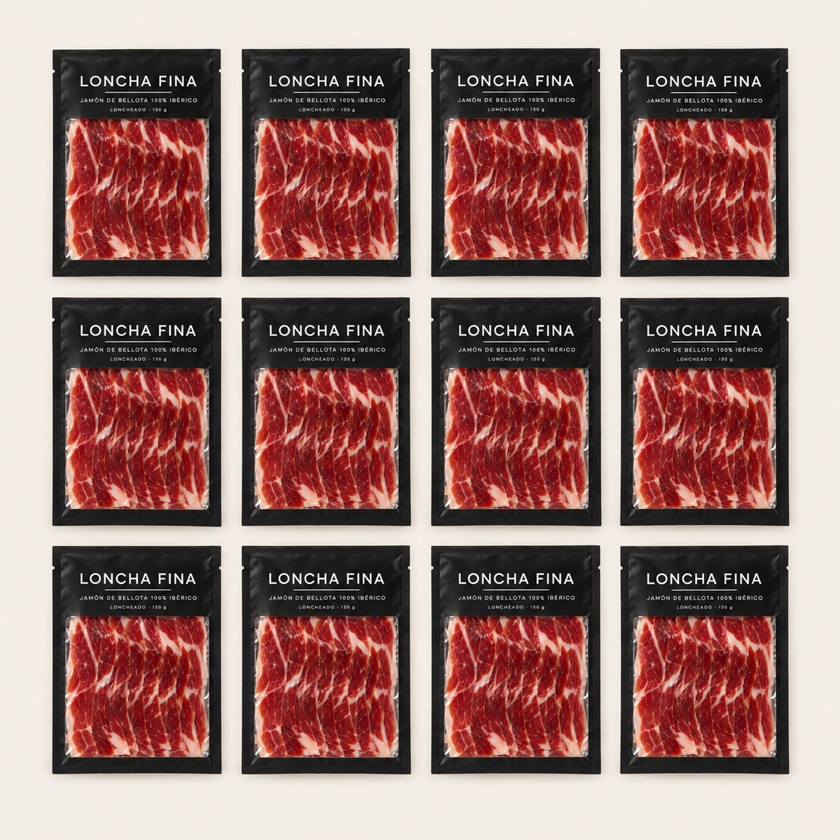 LonchaFina - Pack 12 Sobres de Jamón 100% Ibérico · Etiqueta Negra · 1,8 kg