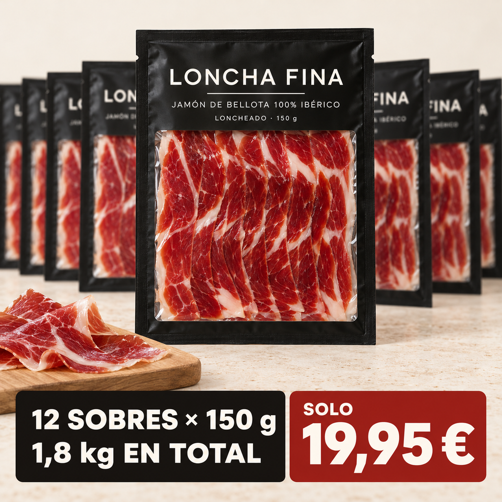 LonchaFina - Pack 12 Sobres de Jamón 100% Ibérico · Etiqueta Negra · 1,8 kg